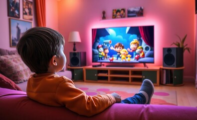 Young child watching animated movie on tv in colorful living room Vibrant Rim Light technology vibrant background colorful modern