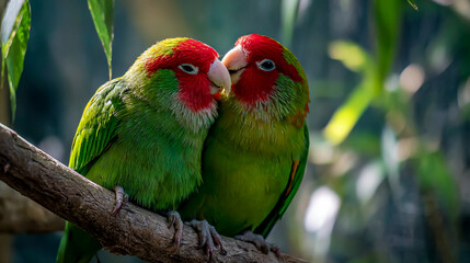 Fototapeta premium Two beautiful parrots sitting on a branch, one bird other's head in its beak and gently kissing it