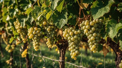 Mature pale grapes growing on vines