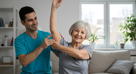 Fototapeta premium Happy senior woman doing exercise at home with physiotherapist. Old retired lady doing stretching arms at home with the help of a personal trainer during a rehabilitation session.