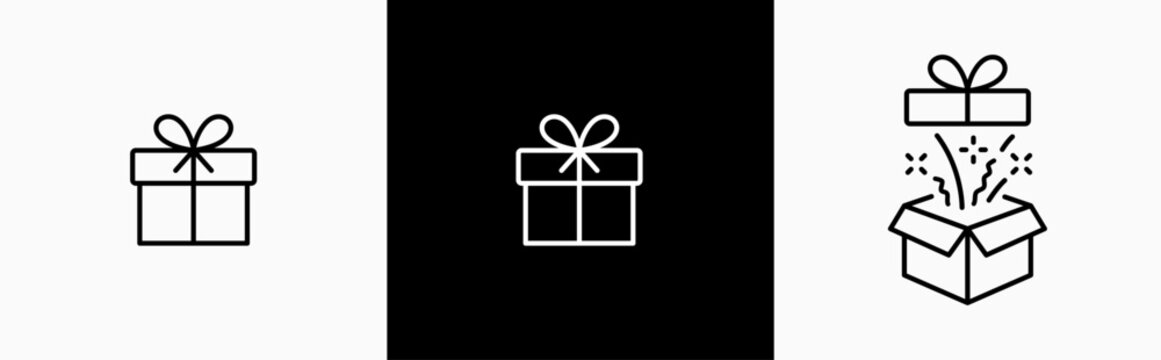 Gift box icons set. Surprising gift box symbol. Present gift box tied signs. Christmas, birthday, valentine, open, sparkle, wedding event, party, celebration, achievement success vector illustration
