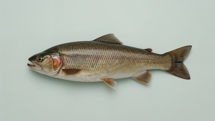 Naklejka premium Freshwater fish specimen placed on a light green background exhibiting detailed features and natural coloration with space for text inclusion