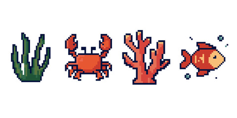 Sea Life Icons set with Crab Fish Coral and Seaweed Pixel Art. Marine life set in retro 8 bit style. Game design app icons digital stickers and underwater themed projects. Vector illustration