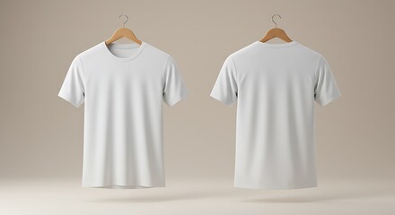 Blank white t-shirt mockup with front and back views. Clean cotton tee hanging on a wooden hanger, isolated for apparel design presentation.