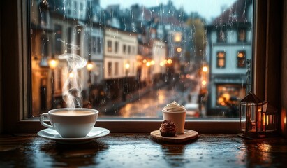 Cozy window view of rainy city with coffee and sweets