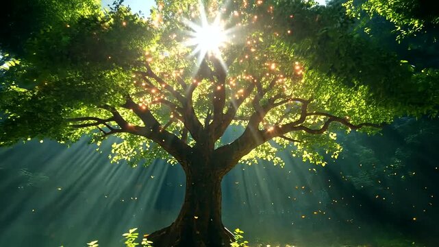 Sunbeams Through Enchanted Forest: A Magical Tree With Light Rays