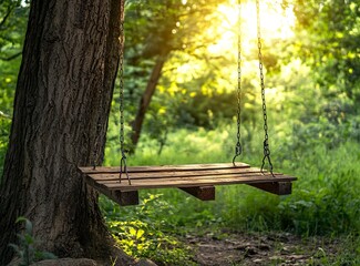 Naklejka premium A wooden pallet swing hanging from the tree in an old forest, sunny day, stock photo, --ar 64:47 --v 6.1 Job ID: c3ea8207-31f1-4ec5-aff0-af117ca10ec6
