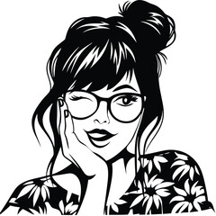 Winking brunette woman wearing glasses with hand on cheek and floral top