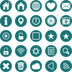 Collection of white icons on teal circles house globe