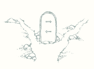 Vector drawing. Stone with an inscription on the crossroads