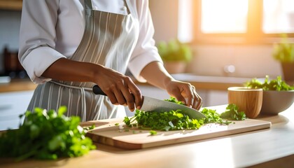 A chef slices fresh herbs on a wooden cutting board in a sunlit kitchen, preparing for a meal.
