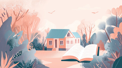 A cozy house nestled in a serene forest with an open book in the foreground