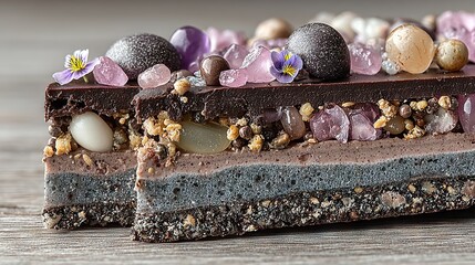 Educational candy geology: chocolate mountain stratified, peppermint ore veins, white chocolate glacier flows, gemstone clusters topographic map macro view, for geology textbooks, dessert promotions,