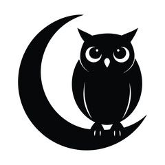 Stylized black owl sitting on a crescent moon against a white background