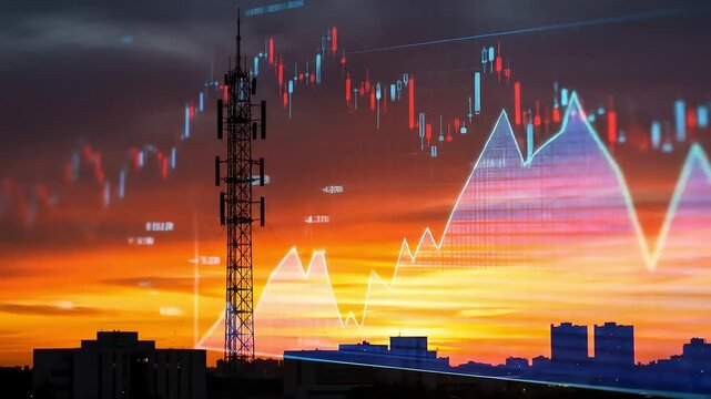 A sunset cityscape underlays a cell tower  a stock chart with blue  red candlesticks  rising white line