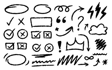 Hand drawn doodles including arrows, circles, check boxes and scribbles etc made with chalk/crayon brush having rough texture