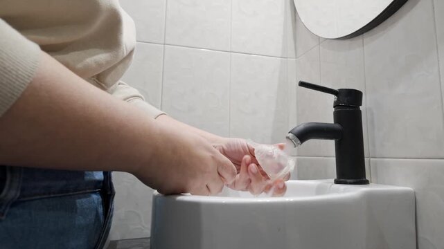 Caucasian woman washing a menstrual cup in bathroom sink. unrecognizable person
