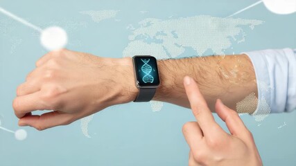 Augmented technology smartwatch displays biology data for wellness health tracking digital interface with DNA helix and world map - Powered by Adobe