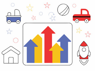 Fototapeta premium Vector Colorful bar graph with upward arrows in playful theme, surrounded by toys and stars, evokes cheerful growth