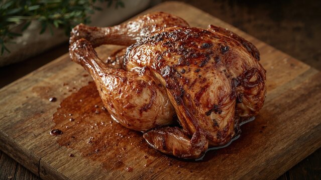Grilled poultry leg served on rustic wooden surface