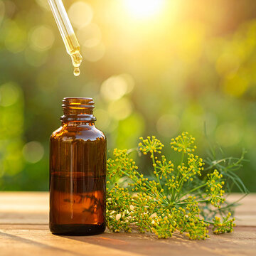 Amber glass bottle wooden table, around Foeniculum vulgare fennel flowers and leaves, glass pipette with a drop essence oil falling, essential oil fennel erva doce