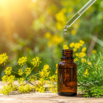 Fennel essential oil , erva-doce, Amber glass bottle wooden table, around Foeniculum vulgare fennel flowers and leaves, glass pipette drop dropper essence