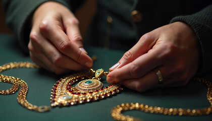 Jeweler adjusting gemstone on ornate necklace in workshop setting  