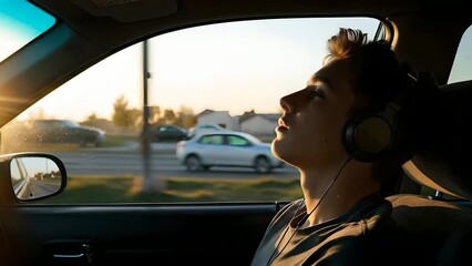Teen boy listens to music with headphones in car, lost in thought during sunset ride.  Reflective mood, travel vibes. Use for coming-of-age stories,  transportation scenes.