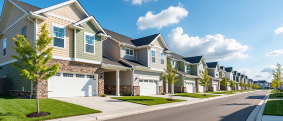 Modern suburban homes line peaceful street, showcasing well maintained lawns and clear blue skies. inviting atmosphere evokes sense of community