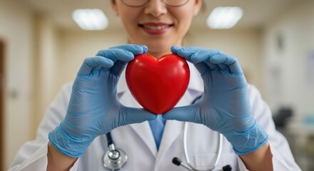 Smiling doctor holds red heart in gloved hands, healthcare setting