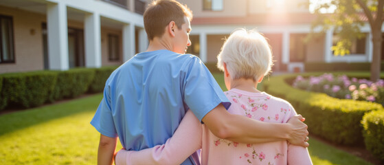 Caring nurse assisting elderly woman in garden, showcasing compassion and support in serene environment