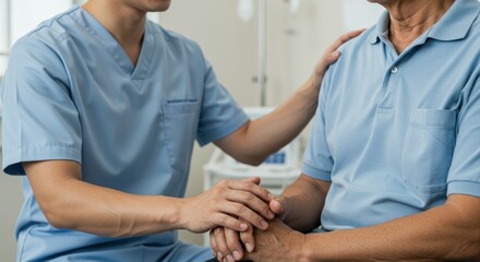 Fototapeta premium Caring worker comforts senior patient, hand on shoulder, reassurance