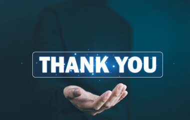 Man showing thank you message. Concept of congratulations, appreciation, presentation from digital technology. Thank you in business and gratitude.