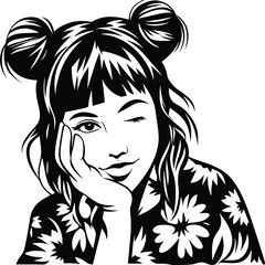 Smiling girl with a floral top and space buns winks in this monochrome depiction