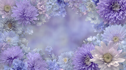 Lavender chrysanthemum, daisy, and hydrangea flowers form gentle pastel floral frame with soft, dreamy, delicate, and elegant mood