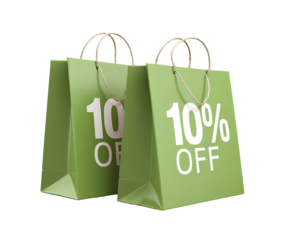 3D shopping bags with text 10 OFF  isolated on a white background