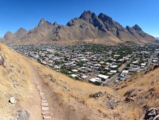 A scenic view of a town nestled below majestic mountains