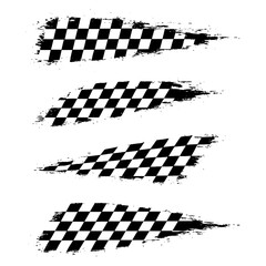 Grunge Racing Flag Icon Set - Black and White Distressed Checkered Pattern Stripes - Speed Texture Elements for Motorsport and Graphic Design - Transparent PNG