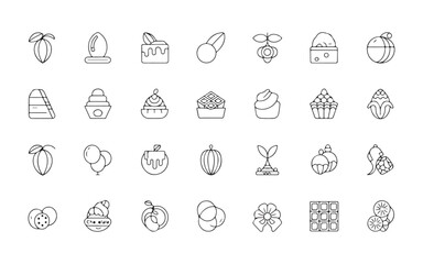 Fototapeta premium Black and white line art icons of fruits desserts and food items vector