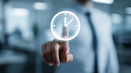 Businessman Touching Time Clock Icon Symbolizing Effective Time Management, Work Schedule Tracking, Employee Attendance, Productivity Optimization