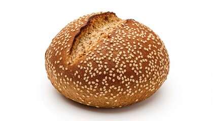 Tasty rye loaf topped with sesame seeds on a white background