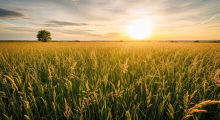Fototapeta premium Golden Wheat Field Under A Warm Setting Sun