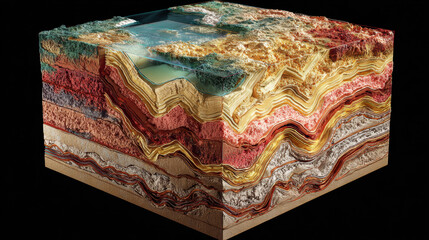 Cross section of Earth crust showing colorful geological layers, sediment, minerals, soil, and water, illustrating natural stratification
