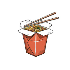 Takeout box of noodles with chopsticks on white background  