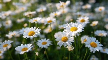 A field of blooming daisy flowers with yellow centers and white petals under the sun.
