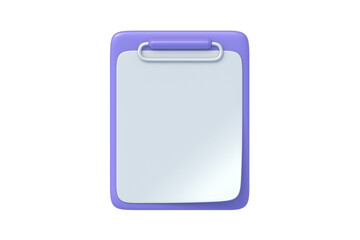 One clipboard with blank paper sheet isolated on white background. Top view. 3d render