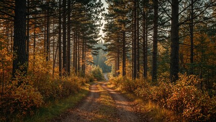 Fototapeta premium Autumn trail surrounded by pine trees and vibrant hues