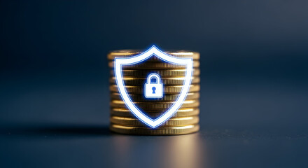 Stack of gold coins protected by a golden shield icon, representing financial security, investment protection, and wealth management - Proteksi Aset Keuangan
