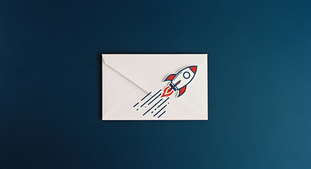 Email Marketing Blast Off: Rocket Launching from Envelope on Dark Blue, Business Concept