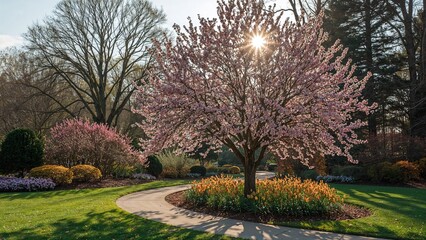 Obraz premium A trail lined with a flowering tree